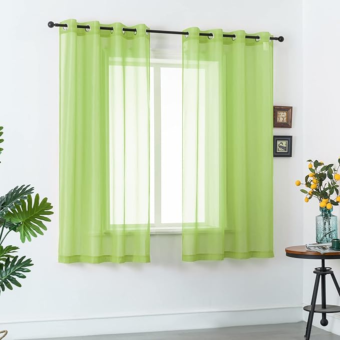 DUALIFE Lime Green Voile Sheer Curtains Grommet,Look Semi Sheer Windows Panels,Elegant Solid Color Touch Soft Drapes, 52X45 Inch for Living Room Bedroom,Set of 2 Panels