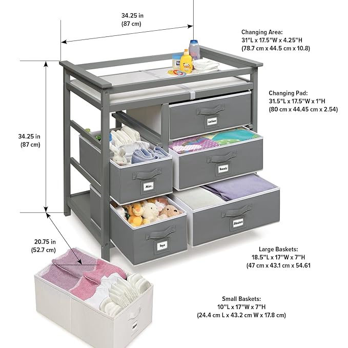 Badger Basket Modern Baby Changing Table - Diaper Station Organizer with 6 Storage Drawers, Reversible Baskets, Safety Rails - Baby Nursery Furniture with Changing Pad and Belt - Gray