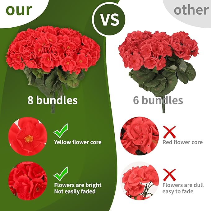 NESCCI 16 Pack Artificial Geranium Flowers for Outdoors UV Resistant Artificial Flowers Silk Geranium Fake Flowers Faux Flower for Outdoor Planters Garden Plants Window Sill Courtyard Home Decor(Red)