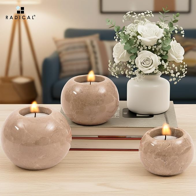 Radicaln Marble Tealight Candle Holder 4" Inches Verona Handmade Set of 3 Mini Votive Candle Holders for Wedding Table Setting, Ideal Bathroom, Bedroom & Kitchen Table Candle Accent