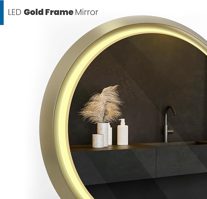 Round LED Bathroom Mirror with Lights, Front Lit Makeup Mirror, Anti-Fog, 3 Colors and Dimmable Light, 36 Inch Gold Frame