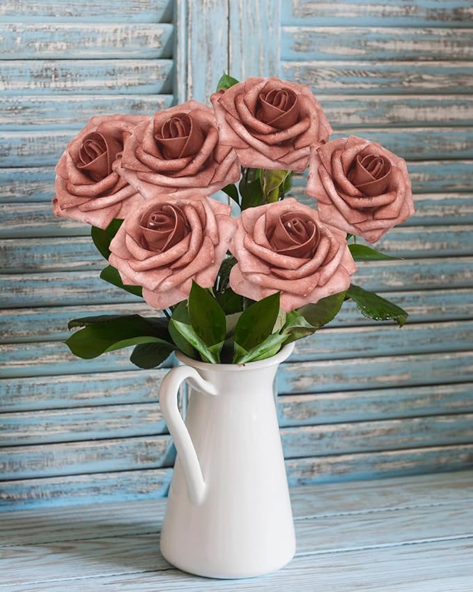 JOYLEX 100PCS Warm Taupe Artificial Flowers Realistic Roses, Real Looking Fake Roses with Stem for DIY Wedding Bouquets Centerpieces Bridal Shower Party Home Romantic Decorations (Warm Taupe, 100pcs)