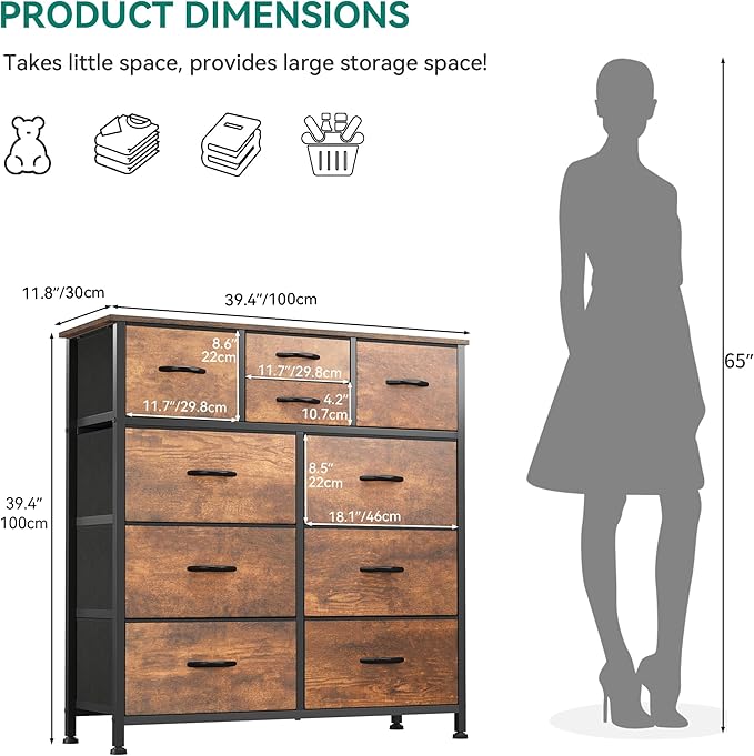 YITAHOME 10 Drawer Dresser, Dresser for Bedroom, Fabric Storage Dresser, Chest of Drawers for Living Room, Hallway, Closets - Sturdy Steel Frame, Wooden Top & Easy Pull Fabric Bins