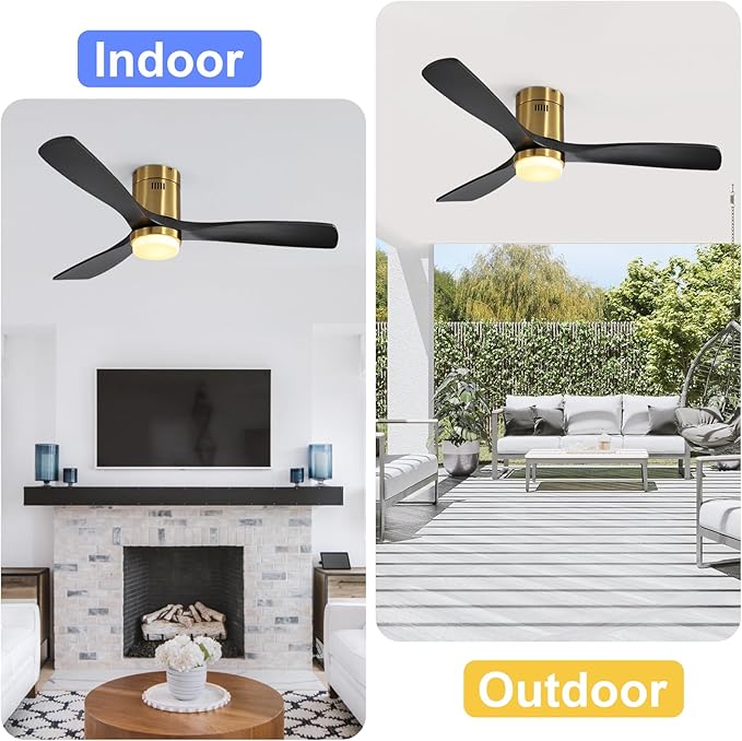 Sofucor 52 Inch Ceiling Fans with Lights, Flush Mount Black Indoor/Outdoor Ceiling Fan with Light Remote Control, Reversible DC Motor, 3 Blade Solid Wood Ceiling Fan Light for Bedroom Patio Farmhouse