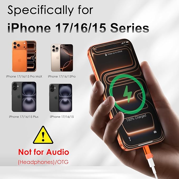 4 Pack Lightning to USB C Adapter for iPhone 15/16/17/17 Pro Max, for iPhone 17/16 Charger, Fast Charging & Data Transfer, Type-C Charger Connector Cable, Not for iPencil/Headphones/OTG (Orange)