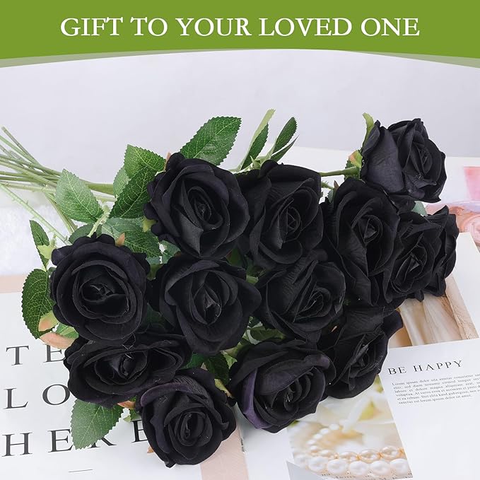 Hananona 50 Pcs Artificial Roses in Bulk, Fake Velvet Silk Roses Realistic Black Roses for Wedding Centerpieces Flower Arrangement Home Decor (50, Black)