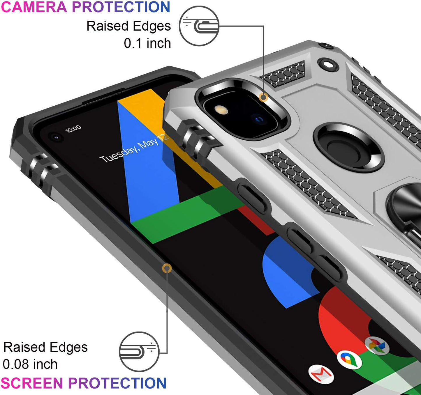 LUMARKE for Google Pixel 4A Case with Screen Protector, Pass 16ft Drop Tested Military Grade Protective Cover, Silver