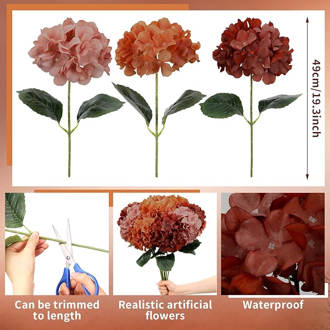9 Pcs Fall Hydrangea Artificial Flowers 23.6" Thanksgiving Vintage Faux Silk Hydrangeas Flower with Stem Fall Fake Hydrangeas Bouquet Floral for Farmhouse Home Wedding Table Centerpiece