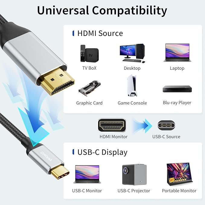 HDMI to USB C Cable Adapter 4K@60Hz 6FT, HDMI 2.0 Input to USB Type C Output Display Converter, USB Powered, Compatible with Xreal Air, Nreal Air, Steam Deck Dock, PS5, Xbox, PC, Portable Monitor