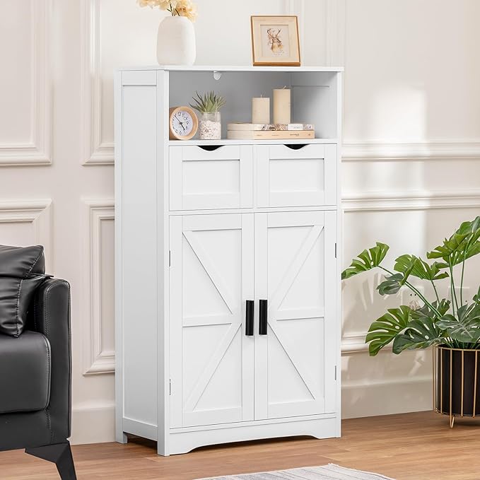 WEENFON Bathroom Cabinet with Adjustable Shelf, Storage Cabinet with 2 Doors & 2 Drawers, Cupboard, for Living Room, Hallway, White