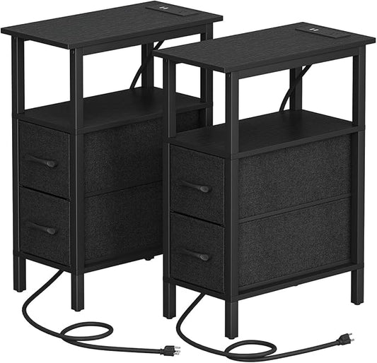 2 Set Narrow Side Table for Small Spaces, Skinny End Table with Charging Station, Sofa Beside Table with 2 Fabric Drawers and 1 Open Compartment, Slim Nightstand with USB Ports Outlet, Black UTBT004B