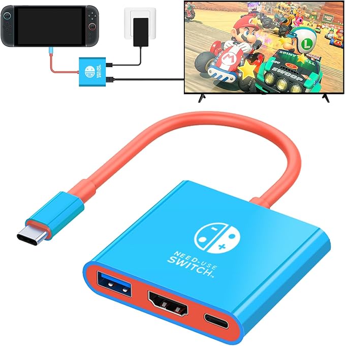 USB C to HDMI Adapter for Switch, Dock 3 in 1 TV Adapter with 4K HDMI Cable, 100W Type C Charging, Compatible with Switch, Steam Deck, Smartphones, PC (bleu)