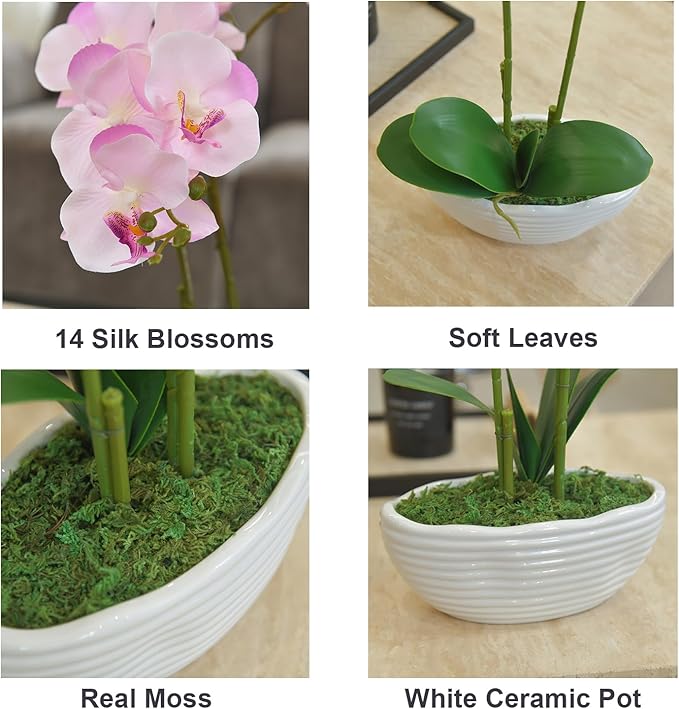 Large Artificial Potted Orchid Plant, Silk Flower Arrangement with Ceramics Vase, Pink Shades