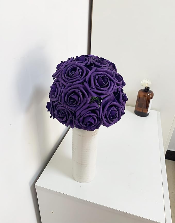 Dark Purple Artificial Roses 50 PCS Flowers with Stem, Fake Rose Heads Bouquets for DIY Wedding Decorations Centerpieces Arrangements Party Home Garden Porch Window Decor