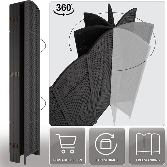 Rose Home Fashion 6 ft Tall Room Divider, Room Dividers and Folding Privacy Screens, 15.7in Privacy Screen 4 Panel Partition Temporary Wall Separation for Private, Black