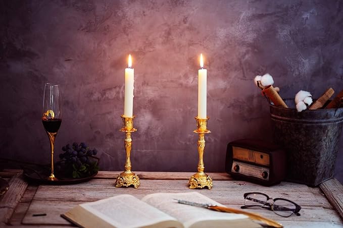 Sziqiqi Gold Candlestick Holders Set of 2 Taper Candle Holders Deluxe Ornate Candle Holders for Shabbat Taper Candles, Candle Centerpiece, Wedding Candles, Christmas Candle 7.4inch
