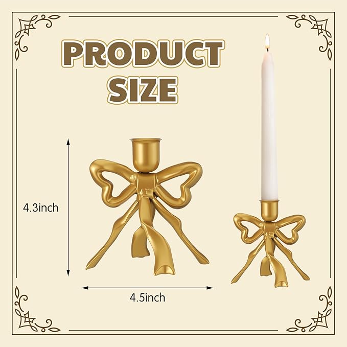 Mumufy 2 Pcs Gold Bow Taper Candle Holder Vintage Metal Candle Stick Holders Antique Brass Decorative Candlestick for Wedding Christmas Home Table Decor, 4.5" W x 4.3" H