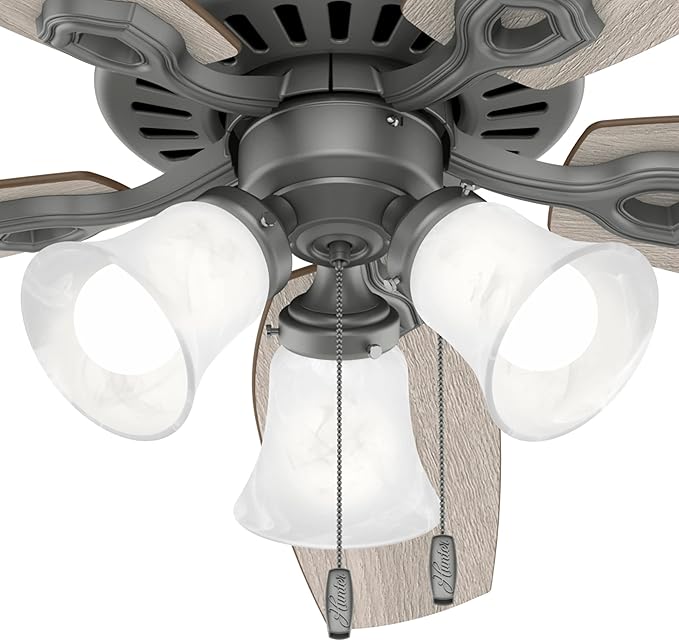 Hunter 52 inch Indoor Ceiling Fan with LED Lights - Ceiling Fan with Pull Chain, For Bedroom or Living Room, Standard Mount, No Remote, 5 Blades, Includes Bulbs - Builder Plus 51110, Matte Silver