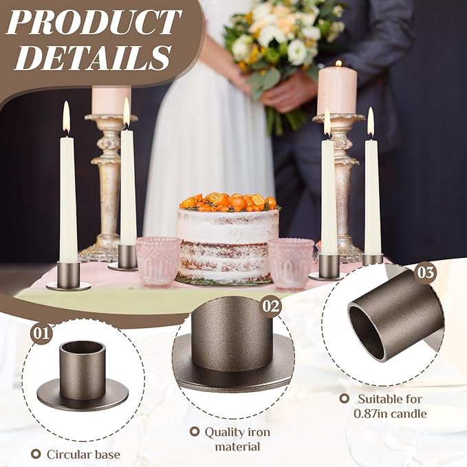 24 Pcs Gunmetal Taper Candle Holders Bulk for Pillar Candles Christmas Metal Short Candlestick Holder Gunmetal Centerpieces Decoration for Christmas Thanksgiving Anniversary Dinner Party