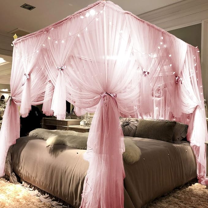 Joyreap 4 Corners Post Pink Canopy Bed Curtain for Girls & Adults - King Size Royal Luxurious Cozy Drape Netting- Cute Princess Bedroom Decoration Accessories