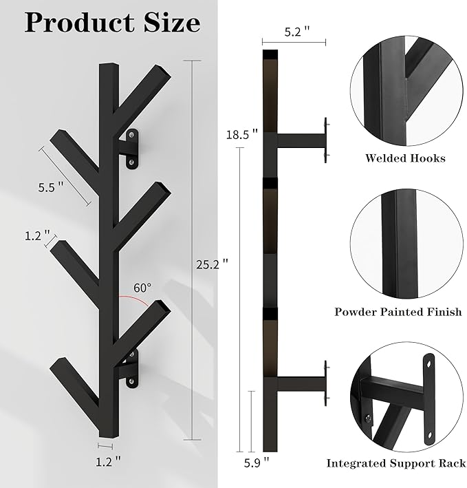 Vlush Wall Mounted Metal Coat Rack with 6 Hooks Modern Minimalist clothes rack, Upright Coat Rack for Hanging Clothes, Hats, Hanging Bags and Scarves Entrance Wall Iron Coat Racks (Black)