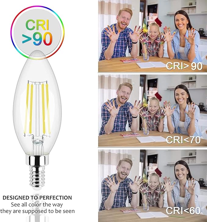 Honesorn Candelabra LED Bulb, E12 Small Light Bulbs 5000K Daylight Dimmable - 60W Equivalent Ceiling Fan Bulbs Type B Edison Filament Candle Bulbs, C35 B11 Clear Glass Chandelier Bulbs 600LM,Pack of 6