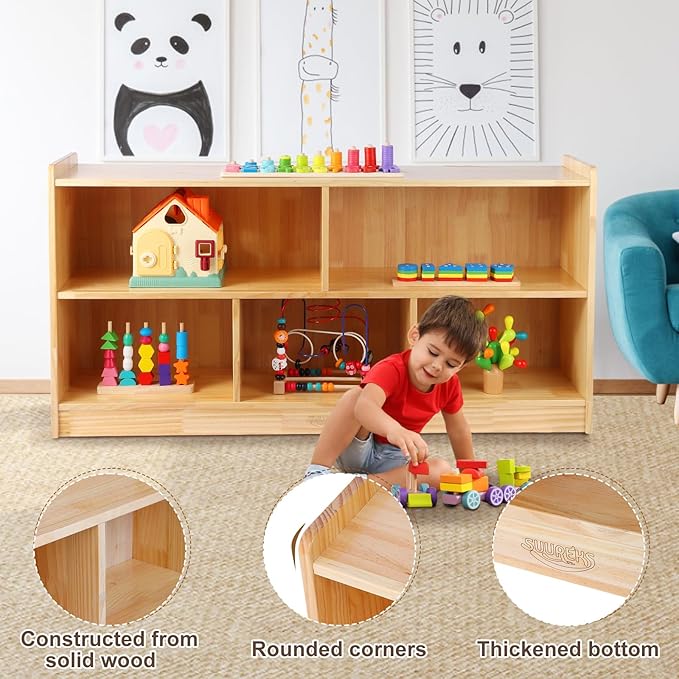 Montessori Shelf, 47-1/4" L Toy Shelf, Toy Storage Organizer with 2-Layer Bookshelf, 5-Section Wooden Storage Cabinet, Bookshelf for Kids Rooms, Playroom, School, Nursery