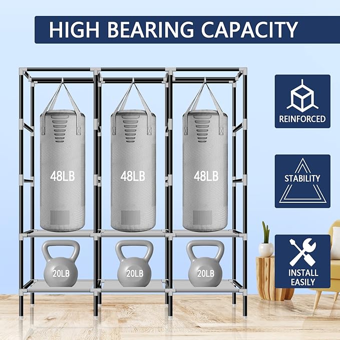 LOKEME Portable Wardrobe, 61-Inch with 3 Hanging Rods and 6 Storage Shelves, Non-Woven Fabric, Stable and Easy Assembly Black Portable Closets for Hanging Clothes with Side Pockets