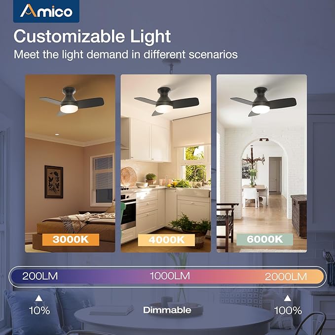 Amico Ceiling Fans with Lights, 30 inch Low Profile Ceiling fan with Light and Remote Control, Flush Mount, Reversible, 3CCT, Dimmable, Noiseless, Black Ceiling Fan for Bedroom, Indoor/Outdoor Use