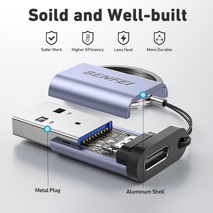 BENFEI 10Gbps USB Type-A to USB-C Adapter(2 Pack, Male to Female) Supporting 5V 3A Charging and 10Gbps Data Transmit