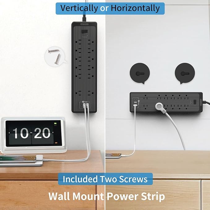 NTONPOWER 15 ft Extension Cord, Flat Plug Surge Protector Power Strip with USB, 12 Outlets Surge Protector Wall Mount, 2100 Joules, 1875W, 15A Circuit Breaker for Home Office Dorm Essentials, Black