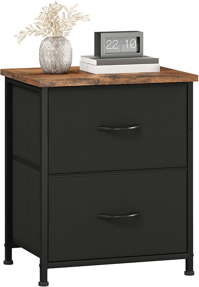 Somdot Nightstand, Small Dresser for Bedroom with 2 Drawers, Bedside Table Night Stand End Table with Fabric Bins for Bedroom Kids Closet Dorm Guest Room, Black Rustic Brown