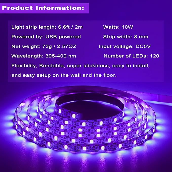 6.6ft Black Light LED Strips, 120 Lamp Beads, USB Cable 1.5m LED Black Light Strip Kit, DC5V 10W Flexible Blacklight strip lights, Non-Waterproof UV Light Strip for Indoor, TV Decor, Party, Halloween