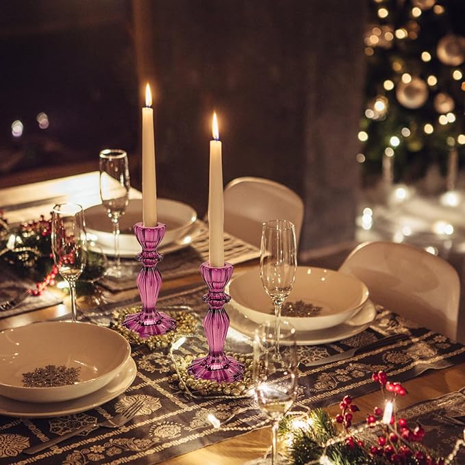 Glass Candle Holders, 2PCS Wide Base Candlestick Holder Decorative Candle Stand Table Centerpieces for Halloween Christmas Wedding Birthday Party, Dark Purple
