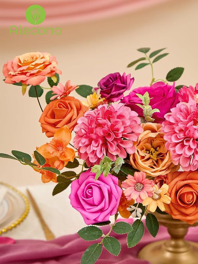 Alecono Artificial Flowers, Orange and Hot Pink Silk Fake Flowers for DIY Wedding Bouquets, Cake Flowers for Table Centerpieces Party Home Decorations