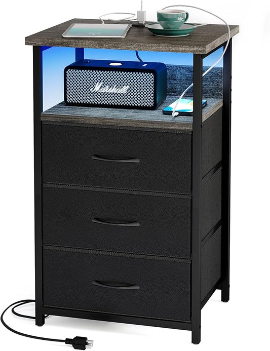 Fixwal Night Stand with Charging Station, LED Nightstand with U-S-B Ports and Outlets, 3 Fabric Storage Drawers with PU Finish, Bed Side Table, Charcoal Gray