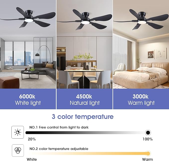 52 Inch Modern Ceiling Fans with Lights, Flush Mount Ceiling Fan with Light and Remote/APP Control, 5 Reversible 6 Speeds Curved Blades, 3 CCT Dimmable Lights for Bedroom, Black