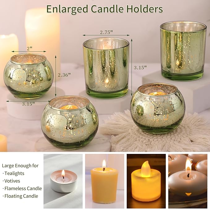 20 Pcs Assorted Green Votive Candle Holders, Larger Size Mercury Glass Candle Holder Bulk, Glass Votive Holder for Wedding, Tea Candle Holders for Christmas Decor, Sage Green Centerpieces for Table