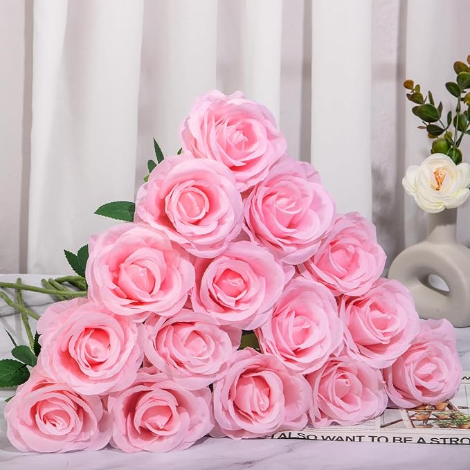 Ouddy Decor 50 Pcs Artificial Pink Roses Bulk Realistic Silk Roses with Long Stems Fake Roses Flowers for Wedding Bridal Bouquet DIY Table Centerpieces Arrangement Valentines Day Home Decor, Pink