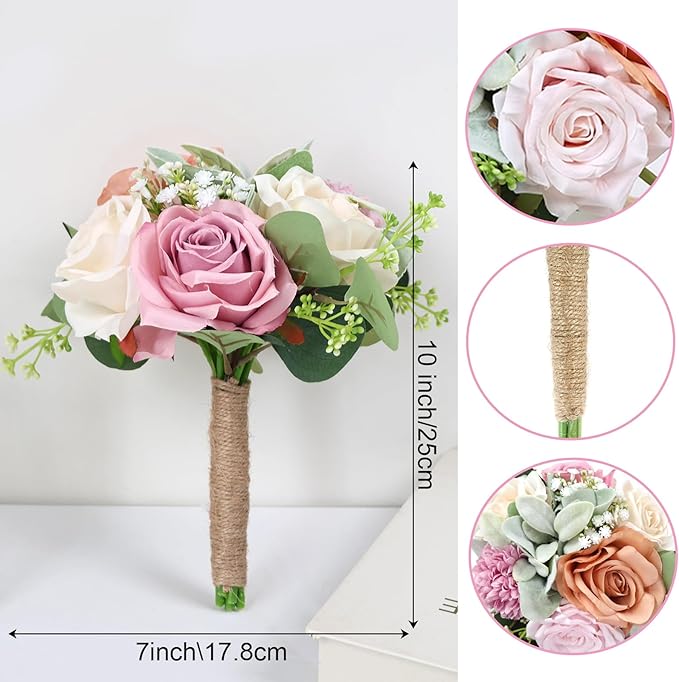 Bridesmaid Bouquets Set of 4 - Blush & Pink Artificial Flowers Bouquet for Bridesmaids Wedding Small Floral Centerpieces for Marriage Proposal Party Anniversary Dining Table Decor -7 Inch