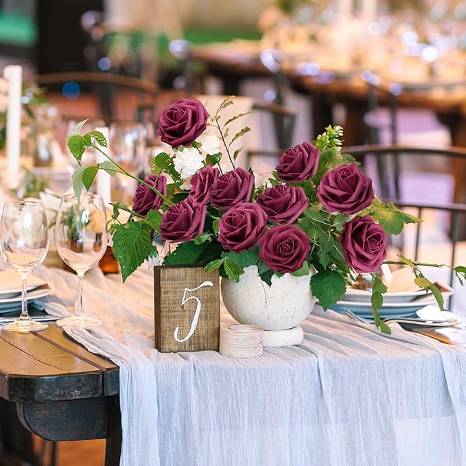 JOYLEX Artificial Flowers Realistic Roses, 25pcs Dark Red Real Looking Fake Roses with Stem for DIY Wedding Bouquets Centerpieces Bridal Shower Party Home Romantic Decorations (Wine Red)