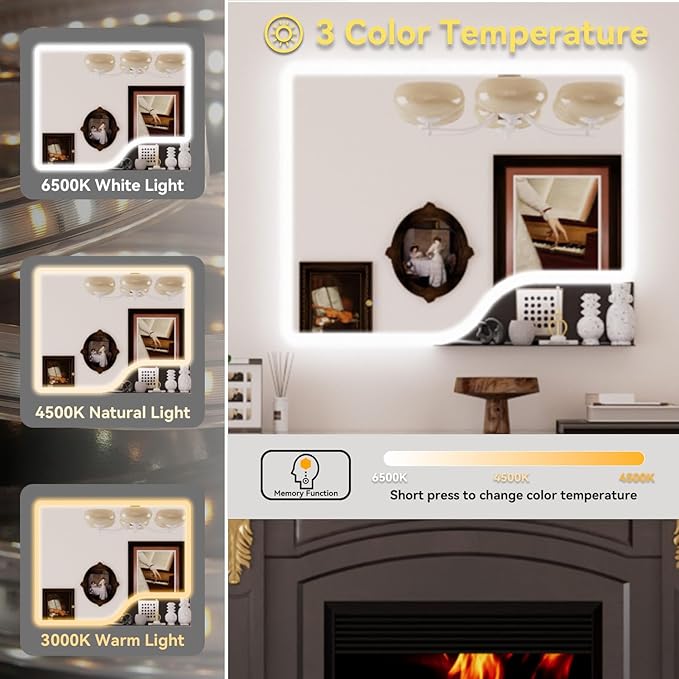 40"x 32" LED Bathroom Mirror with Shelf, Wall-Mounted Backlit Vanity Mirror with Lights, Smart Bathroom Mirror with 3 Colors, Anti-Fog, Stepless Dimmable, Memory (UL, ETL)