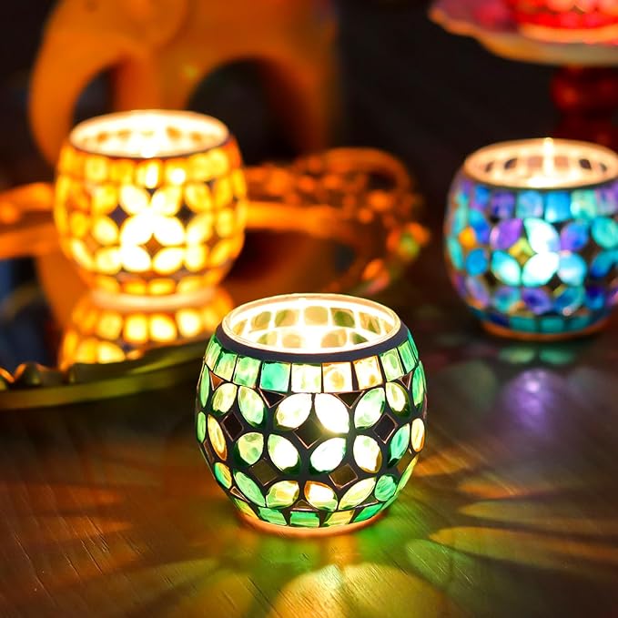 SHMILMH Mosaic Candle Holders Set of 4, Handmade Glass Tealight Votive Holders, Vibrant Red Yellow Blue Green for Diwali Christmas Wedding Party Decor, Year-Round Festive Centerpiece