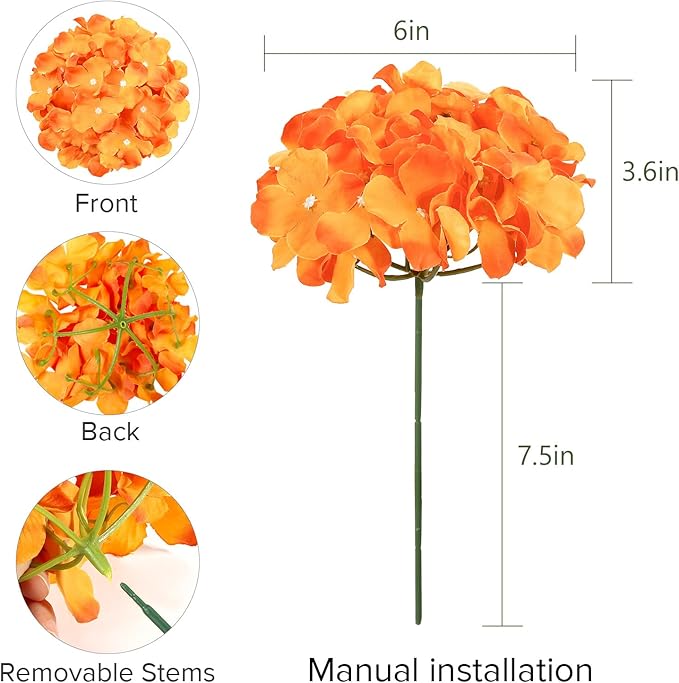 Auihiay 64 PCS Full Hydrangea Flowers, Silk Hydrangea Artificial Flowers Heads with Stems, Artificial Hydrangea Flowers for Wedding Centerpieces, Home, Garden, Baby Shower Decoration (Orange)