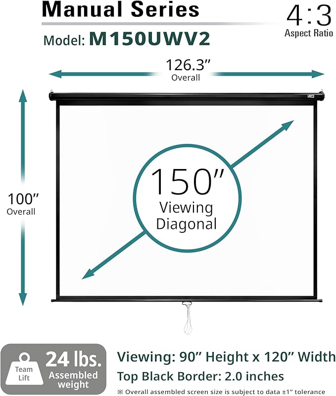 Elite Screens Manual Series, 150-INCH 4:3, Pull Down Manual Projector Screen with AUTO LOCK, Movie Home Theater 8K / 4K Ultra HD 3D Ready, 2-YEAR WARRANTY, M150UWV2