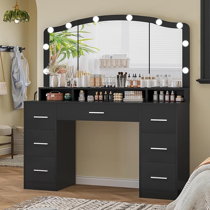 usikey 43.3" Vanity Desk with Large Lighted Mirror, Makeup Vanity Table with 7 Drawers & 10 Lights Bulbs, 3 Lighting Colors, Make Vanity Desk, Vanity Table for Women Girls, Black