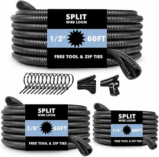Automotive Wire Loom Flame Retardant Split Wire Loom Tubing Assortment Wiring Loom Kit Plastic Cover Electrical Covering Conduit Protective Wire Wrap Cable Sleeves Black 1/4", 1/2", 3/8" x 60 Ft