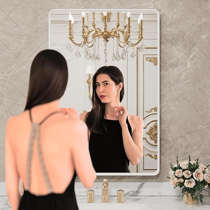 LOAAO 22x30 Inch White Metal Framed Bathroom Mirror for Wall, White Bathroom Vanity Mirror Farmhouse, Large Rounded Rectangle Mirror, Anti-Rust, Hangs Horizontally or Vertically