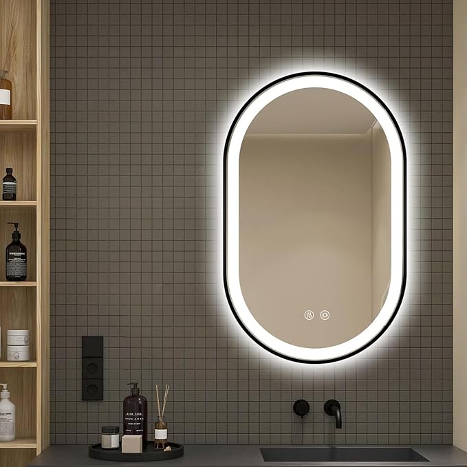 Niccy Oval LED Mirror for Bathroom, 32x20 Front Lit + Backlit Vanity Mirrors with Light Anti-Fog, Shatter-Proof, Makeup Mirror with Black Frame (Horizontal/Vertical)