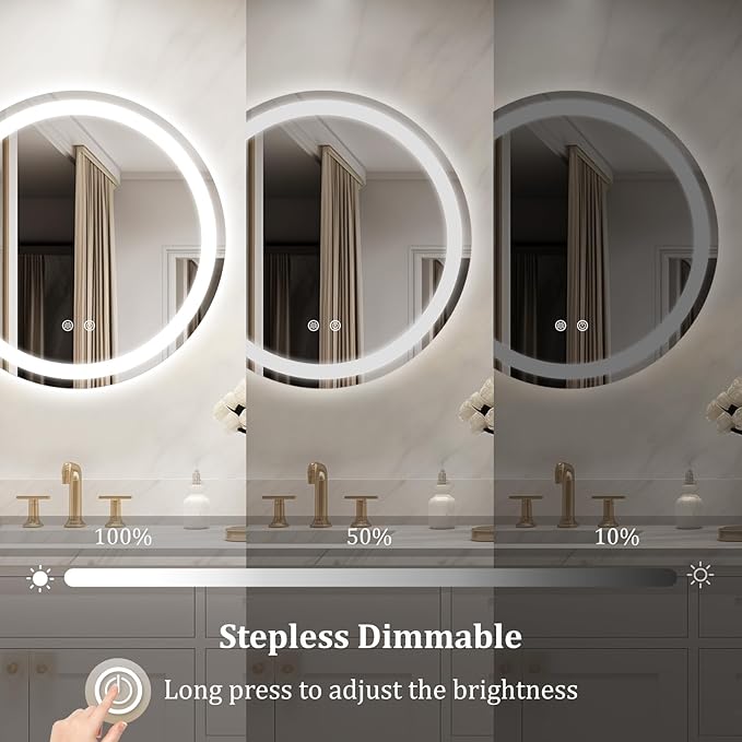 WallBeyond LED Bathroom Mirror with Lights, 20'' Round Light Up Bathroom Mirror for Wall with Front and Backlit, Anti Fog Led Mirror for Bathroom, 3 Colors and Dimmable Light